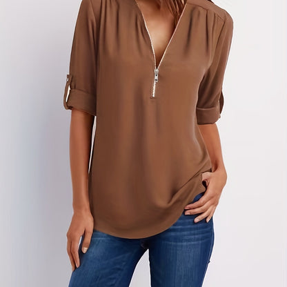 MOREAU LYON | WOMEN'S ZIP V-NECK BLOUSE