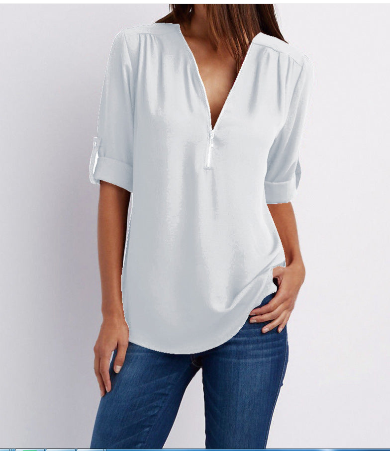 MOREAU LYON | WOMEN'S ZIP V-NECK BLOUSE