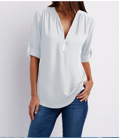 MOREAU LYON | WOMEN'S ZIP V-NECK BLOUSE