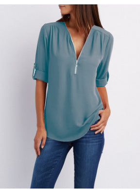 MOREAU LYON | WOMEN'S ZIP V-NECK BLOUSE