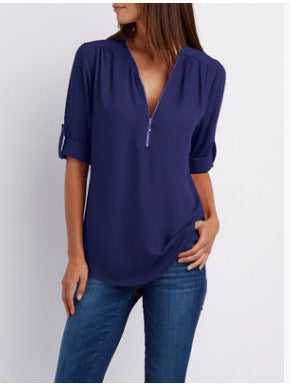 MOREAU LYON | WOMEN'S ZIP V-NECK BLOUSE