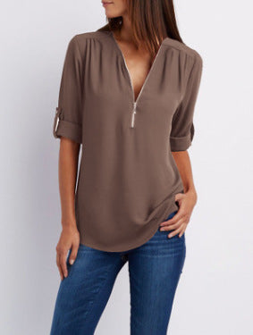 MOREAU LYON | WOMEN'S ZIP V-NECK BLOUSE