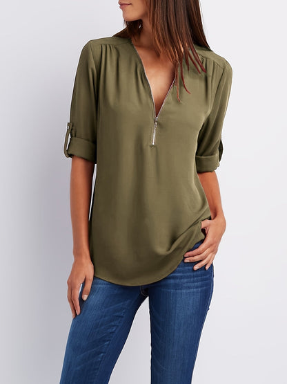 MOREAU LYON | WOMEN'S ZIP V-NECK BLOUSE