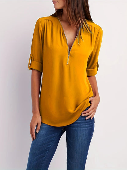 MOREAU LYON | WOMEN'S ZIP V-NECK BLOUSE