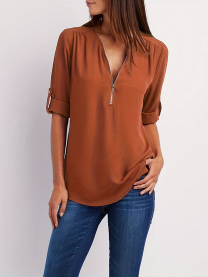 MOREAU LYON | WOMEN'S ZIP V-NECK BLOUSE