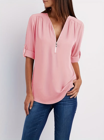MOREAU LYON | WOMEN'S ZIP V-NECK BLOUSE