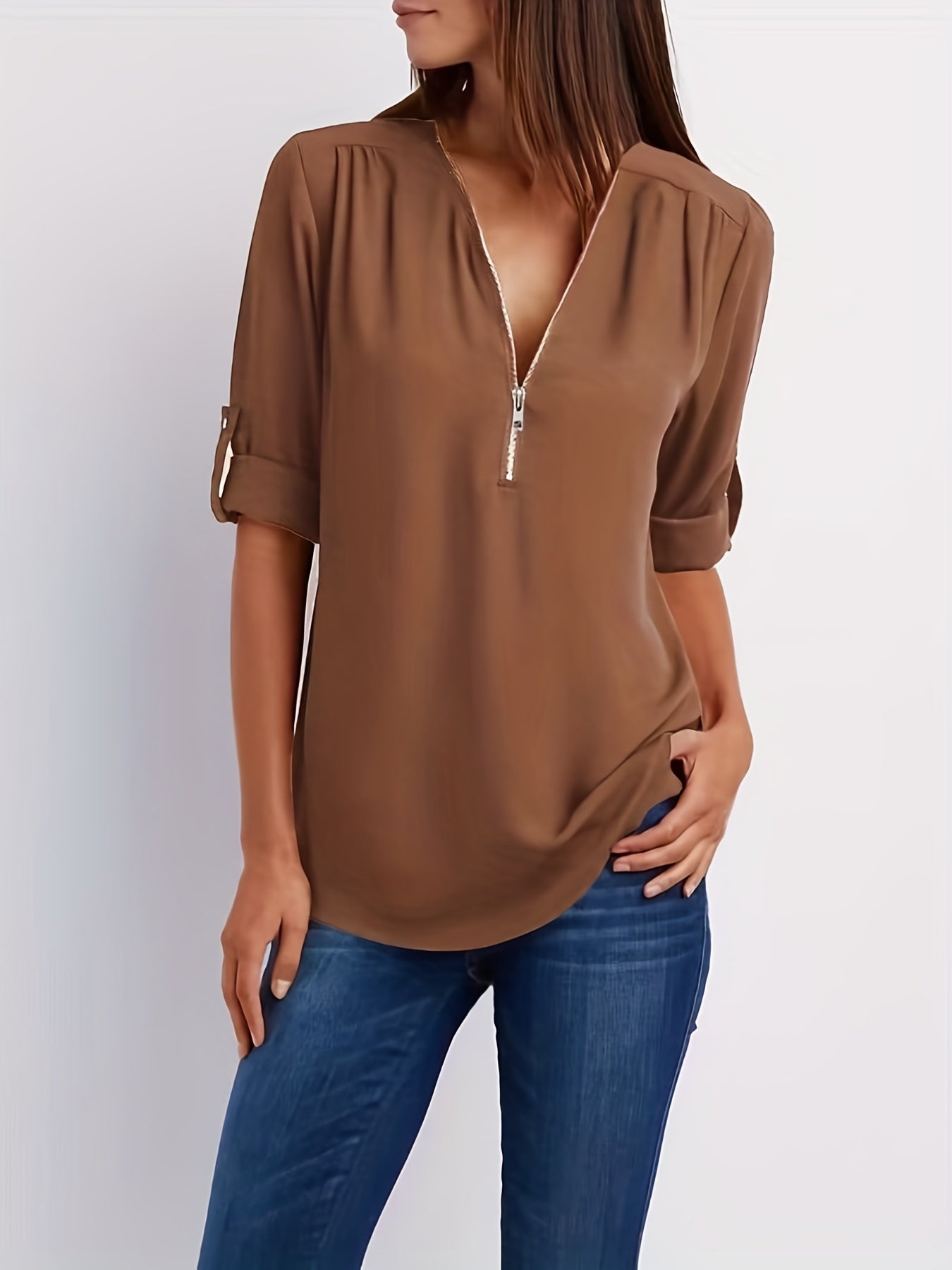 MOREAU LYON | WOMEN'S ZIP V-NECK BLOUSE