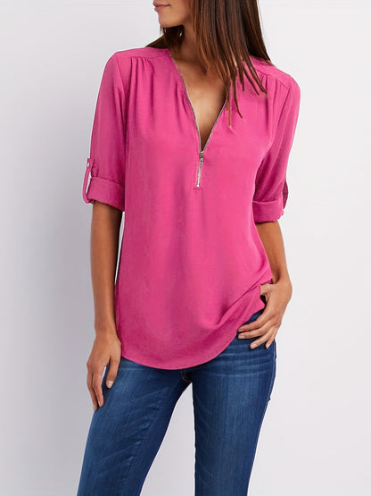 MOREAU LYON | WOMEN'S ZIP V-NECK BLOUSE