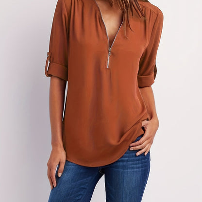 MOREAU LYON | WOMEN'S ZIP V-NECK BLOUSE