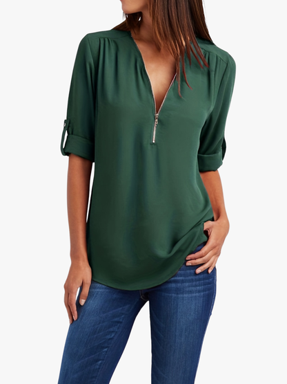 MOREAU LYON | WOMEN'S ZIP V-NECK BLOUSE
