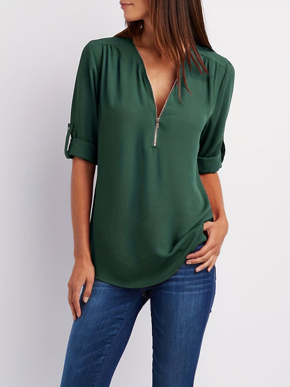 MOREAU LYON | WOMEN'S ZIP V-NECK BLOUSE