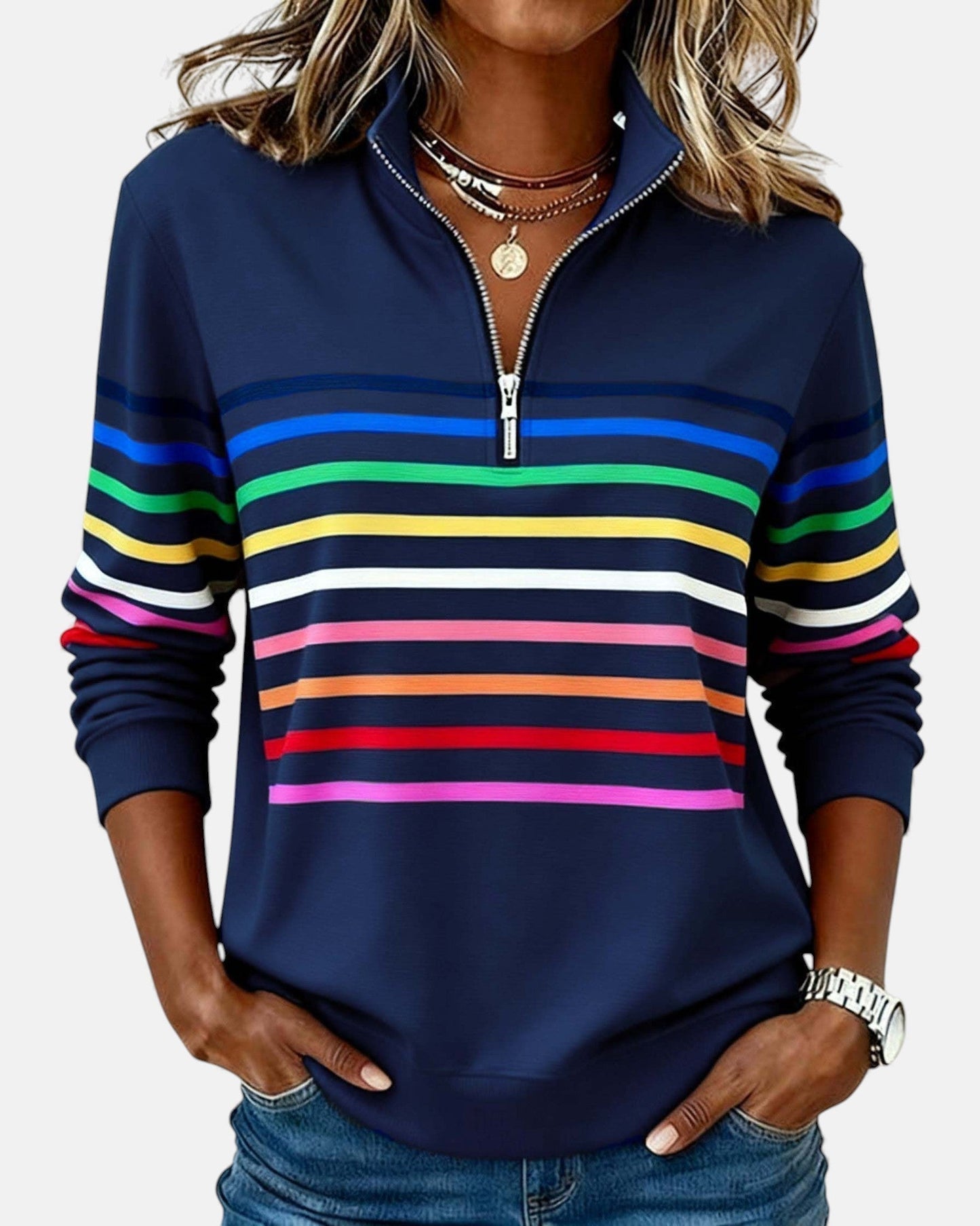 MOREAU LYON | WOMEN'S STRIPED ZIP-UP SWEATER