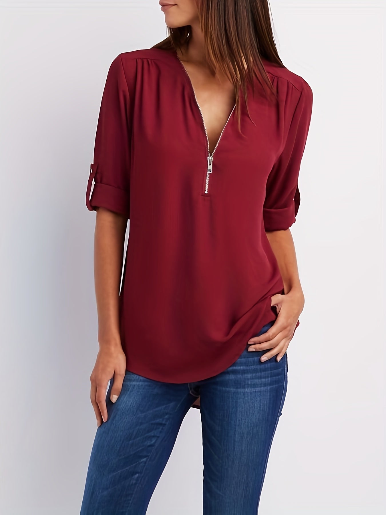 MOREAU LYON | WOMEN'S ZIP V-NECK BLOUSE